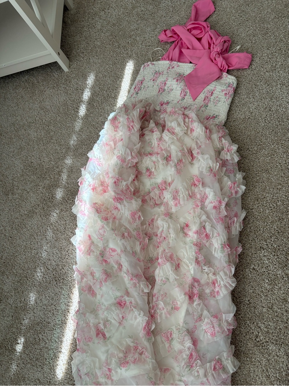 Lulu's Pink and White Ruffled Floral Midi Dress